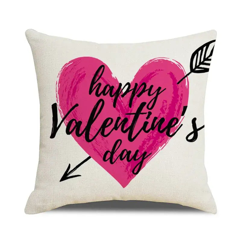 Cream-colored cartoon cat linen throw pillow with vibrant pink heart and happy valentines day decorbites cartoon cat design