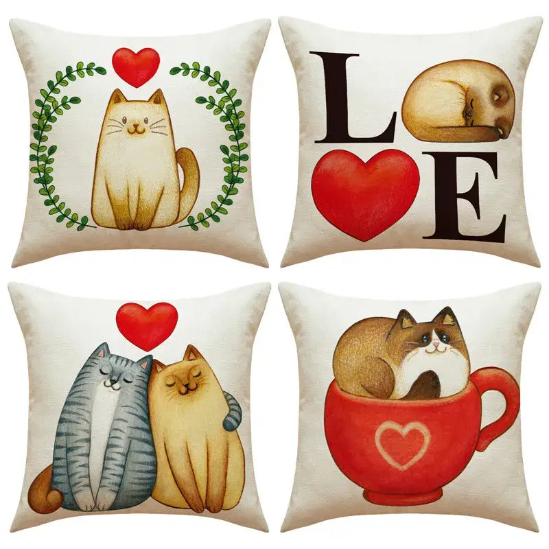 Set of four beige cartoon cat linen cushion covers with red heart and green wreath for living room decorbites cartoon cat design