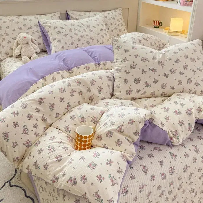 Lavender and cream floral-patterned cotton duvet cover set with soft quilted texture for bedroom bedding