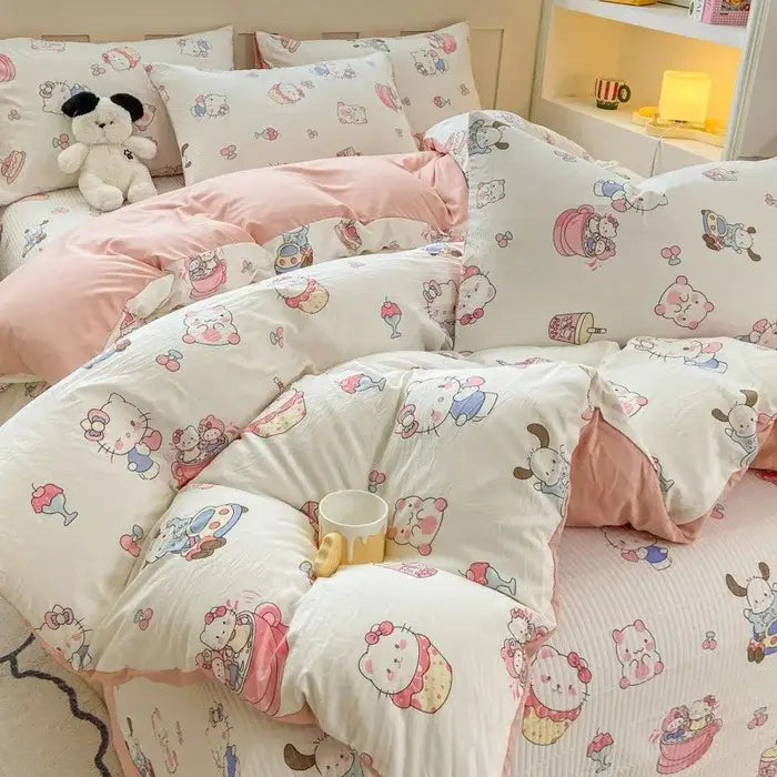 Cozy white cotton duvet cover set with cartoon cat pattern in pastel pink and blue and striped bed skirt accents