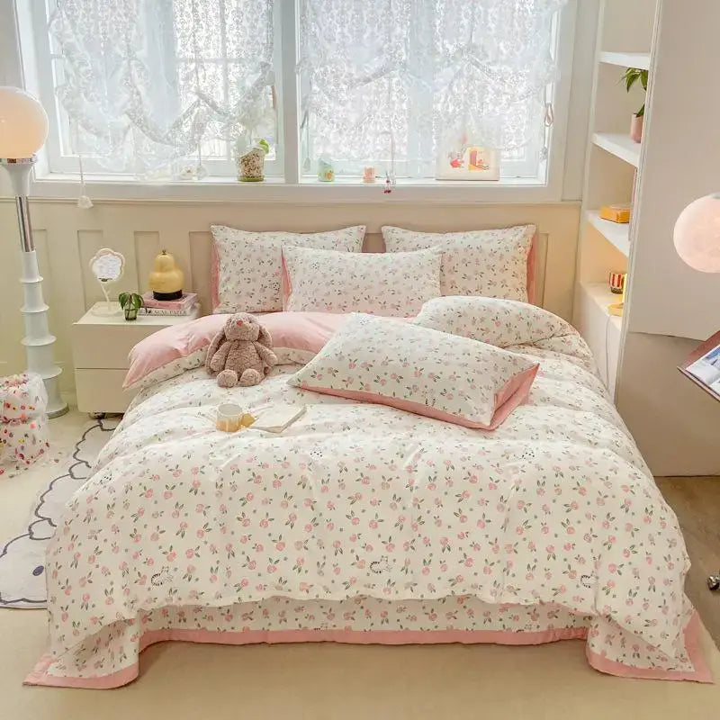 Pink and white floral patterned cotton duvet cover set with ruffled edges for bedroom bedding use
