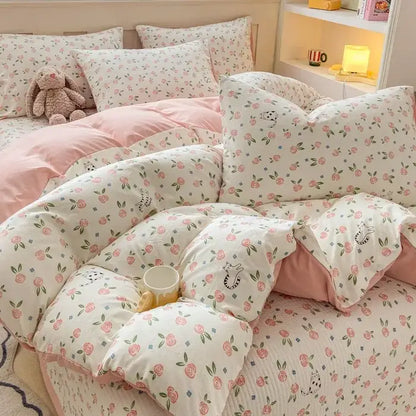 Pink and white floral cotton duvet cover set with cartoon cat design and soft cozy texture for bedroom bedding