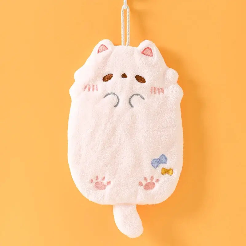 A soft white plush cartoon cat bath sponge with embroidered pink ears and paw prints for hand towel use decorbites cartoon cat