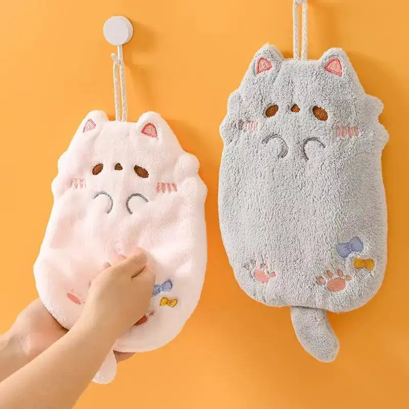 Soft pink and gray cartoon cat hand towel made of plush microfiber with embroidered details by decorbites cartoon cat