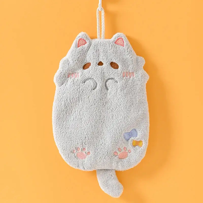 Soft gray plush cartoon cat hand towel with pink embroidery and bows made of microfiber for kitchen cleaning decorbites cartoon cat