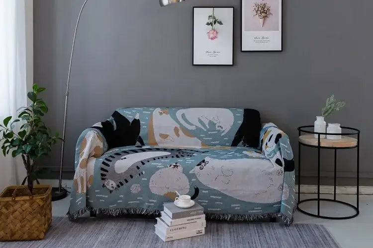 Cozy teal and white cartoon cat throw blanket with black beige and gray accents for bedroom sofa decorbites cartoon cat