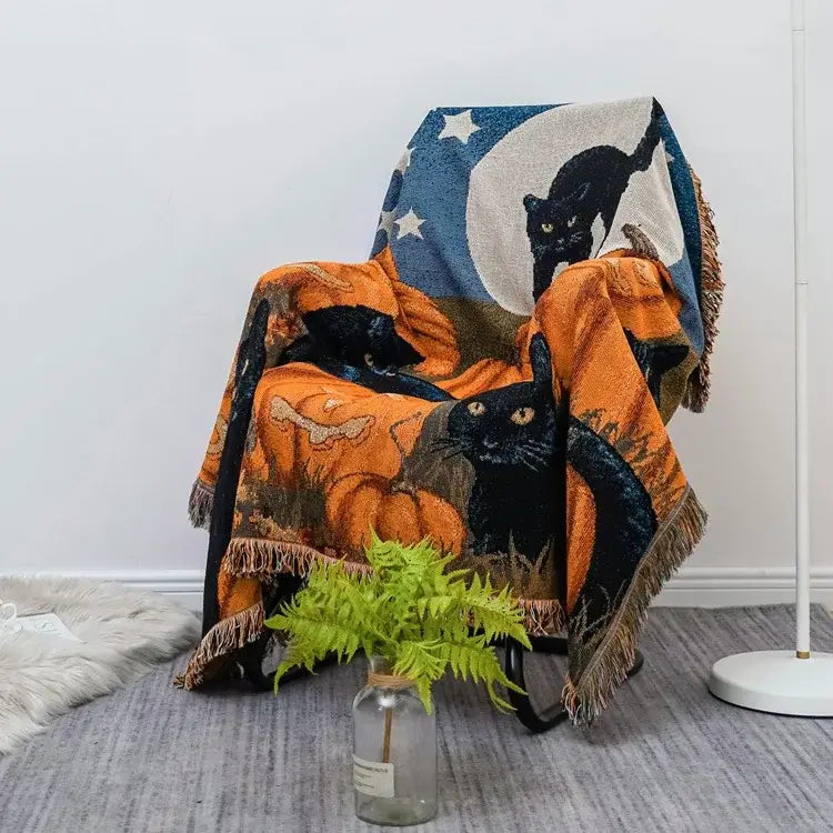 Decorbites cartoon cat throw blanket with black cats pumpkins crescent moon on dark blue for teal and blue sofa cover