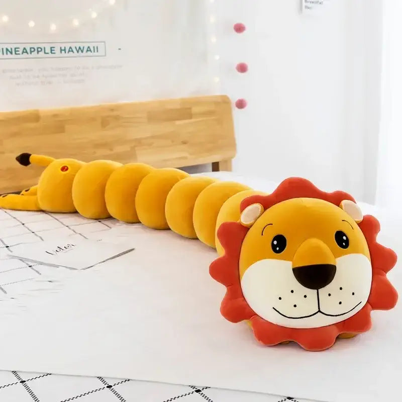 Plush lion-shaped body pillow with yellow body, orange mane, segmented back, perfect as a cartoon caterpillar long body pillow