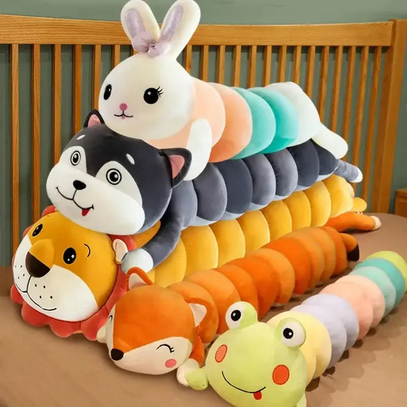 Plush cartoon caterpillar long body pillow in orange green with rainbow segmented body and cute faces for bedroom use