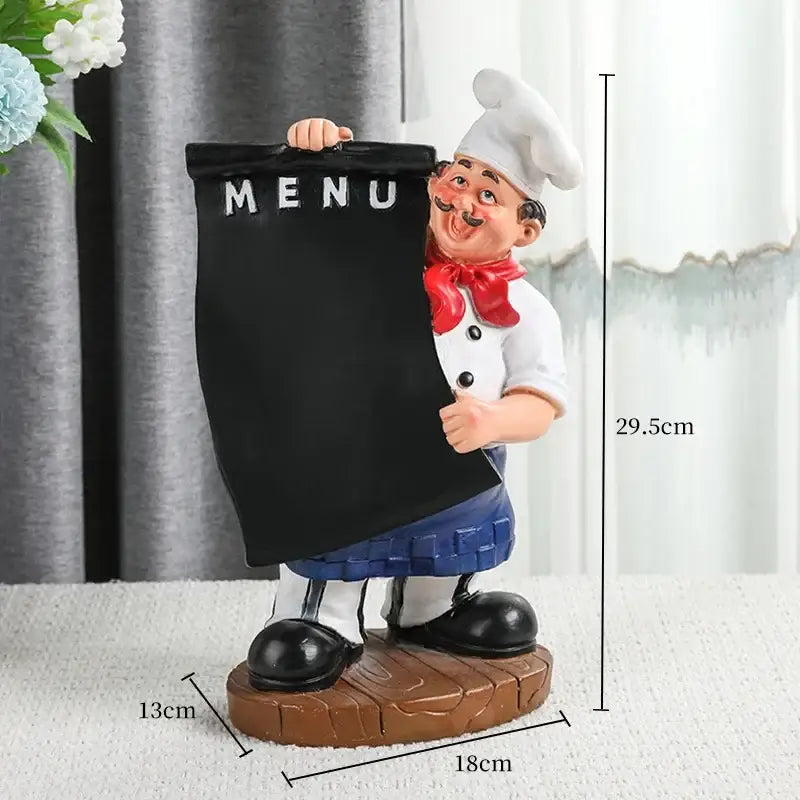 A cheerful cartoon chef resin wine rack in white uniform holding a black menu board for decorbites cartoon chef decor