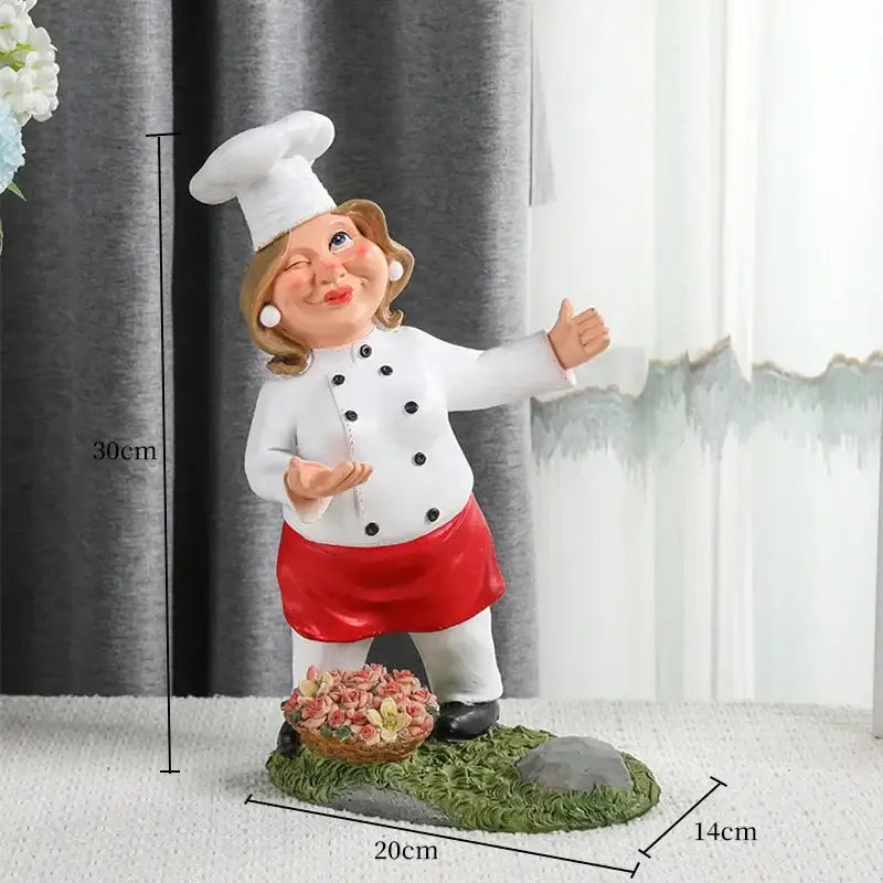 A decorbites cartoon chef resin wine rack featuring a cheerful female chef in white coat red apron holding flowers
