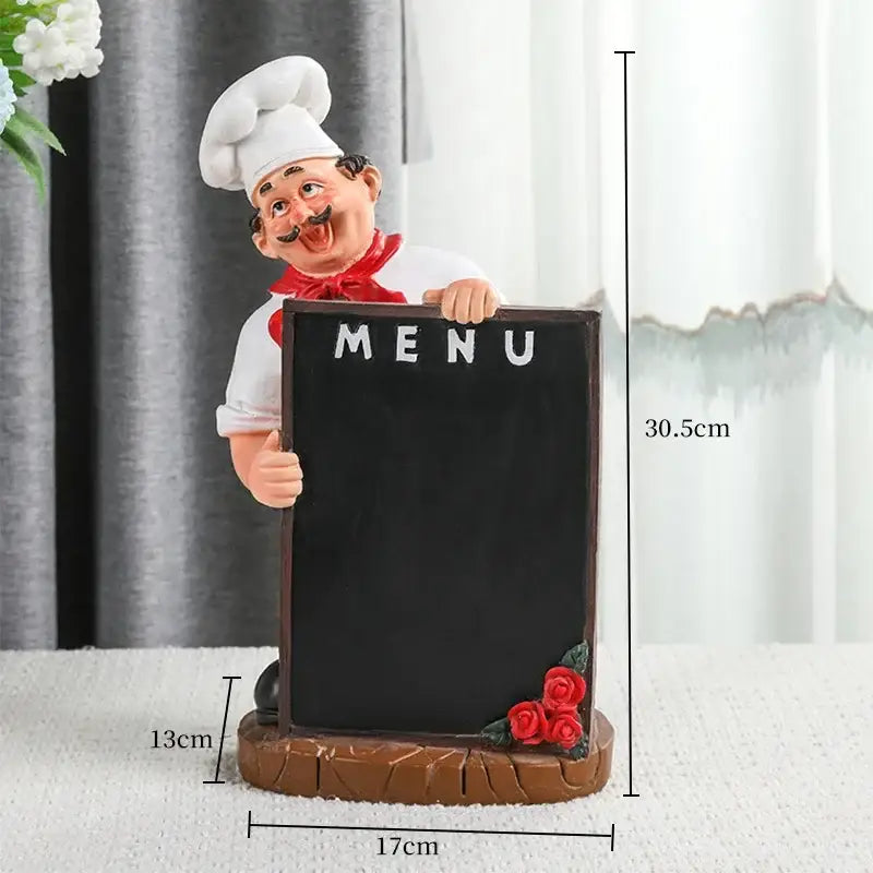 Cartoon chef resin wine rack kitchen decor featuring a cheerful chef figurine holding a black chalkboard menu with red roses