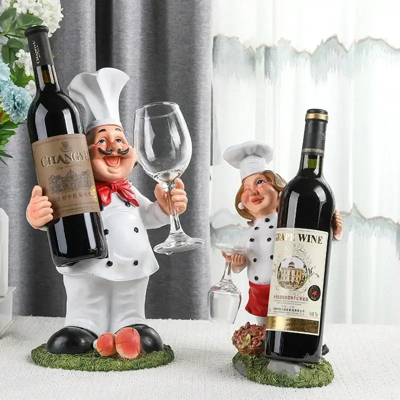 Two ceramic cartoon chef resin figurines holding wine bottles forming a wine rack decorbites cartoon chef kitchen decor holder