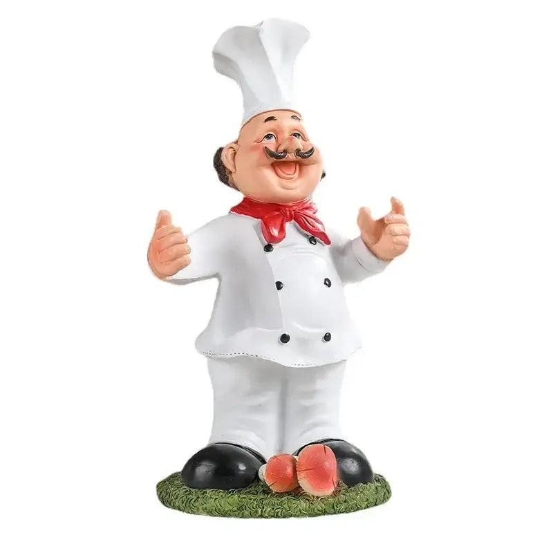 White resin cartoon chef wine rack with red neckerchief black buttons on green base decorbites cartoon chef