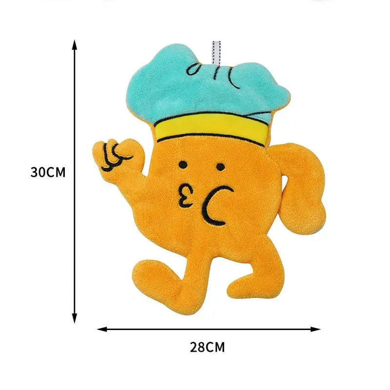 Orange plush chef character with turquoise hat embroidered on yellow red microfiber hand towel with kitchen wall hooks