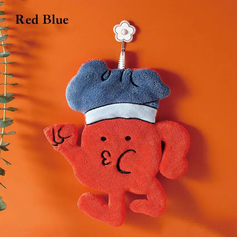 Plush red and blue chef themed microfiber hand towel pouch with textured fabric and embroidered face for kitchen wall hooks