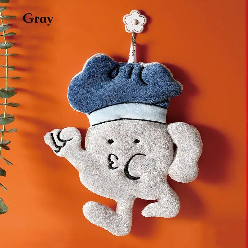 Gray plush chef-themed hanging pouch with blue beret and embroidered face for microfiber hand towel kitchen use