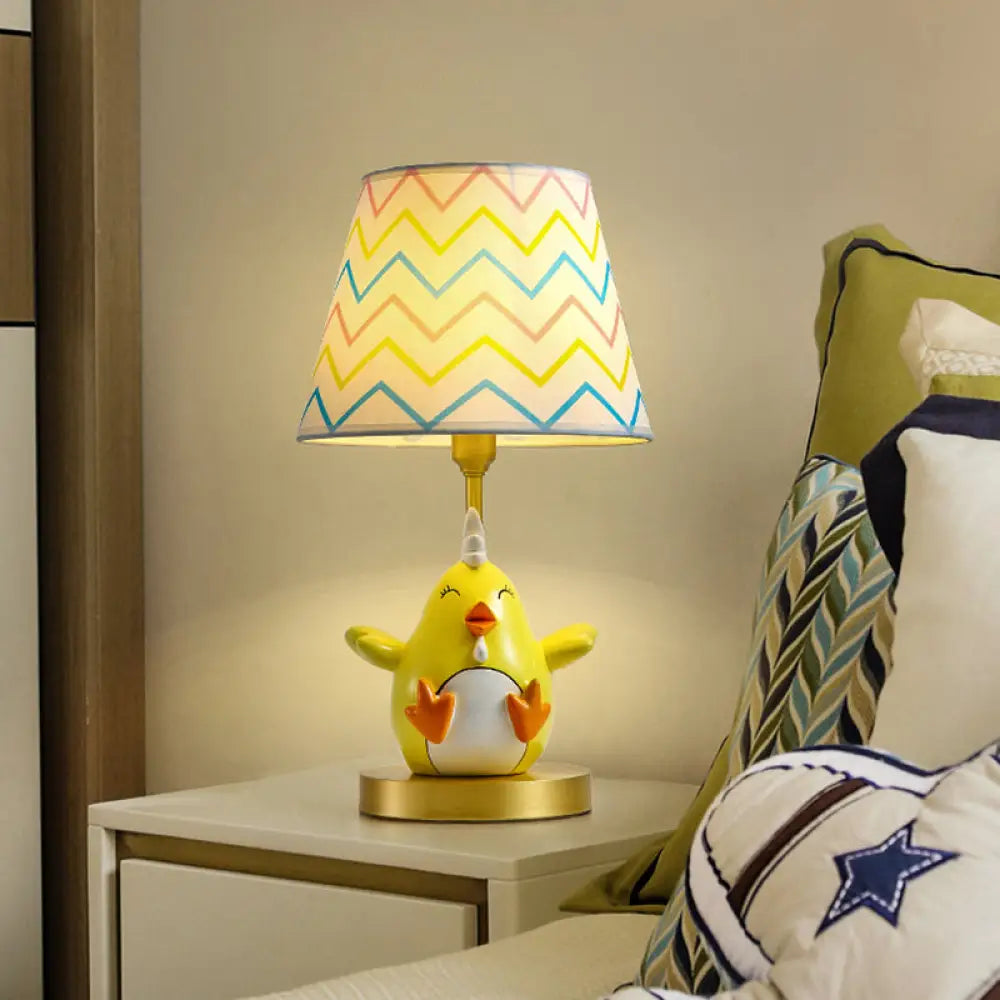 Cartoon Chicken Nightstand Lamp - Single-Bulb Bedside Table Light with Tapered Fabric Shade