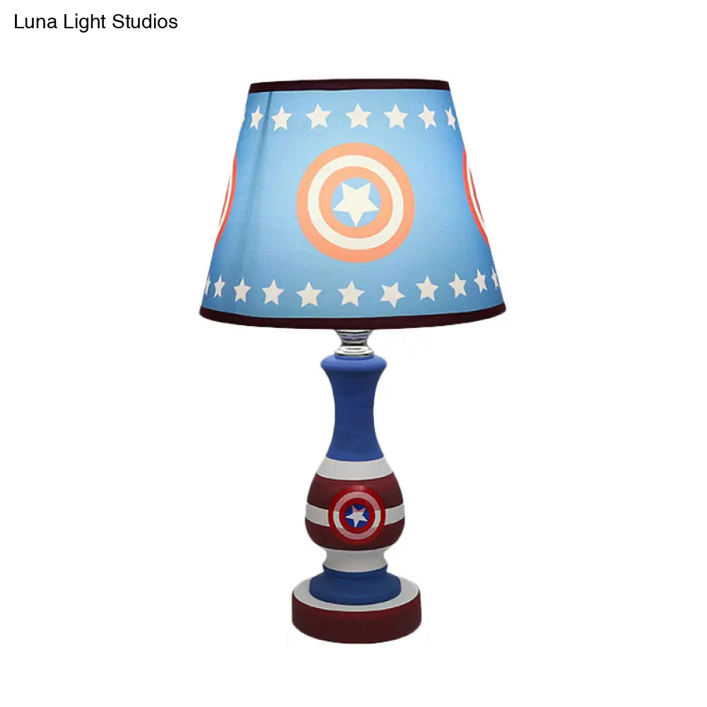 Cartoon Cone Nightstand Lamp Fabric Boys Bedroom Night Light with Star/Car Pattern in Blue/Yellow