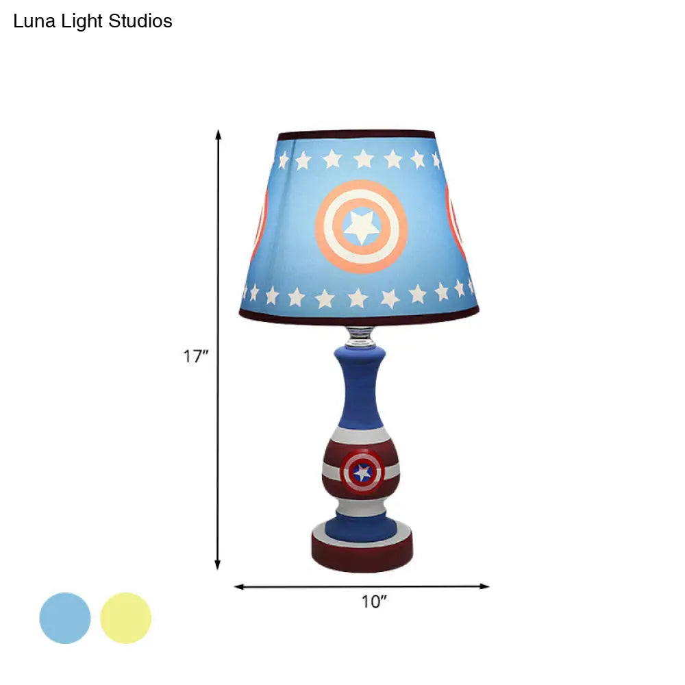 Cartoon Cone Nightstand Lamp Fabric Boys Bedroom Night Light with Star/Car Pattern in Blue/Yellow