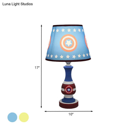 Cartoon Cone Nightstand Lamp Fabric Boys Bedroom Night Light with Star/Car Pattern in Blue/Yellow
