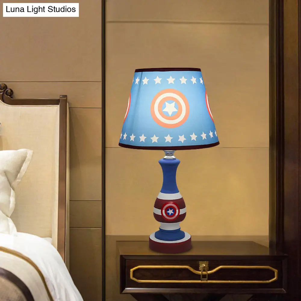 Cartoon Cone Nightstand Lamp Fabric Boys Bedroom Night Light with Star/Car Pattern in Blue/Yellow