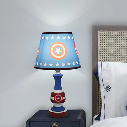 Cartoon Cone Nightstand Lamp Fabric Boys Bedroom Night Light with Star/Car Pattern in Blue/Yellow