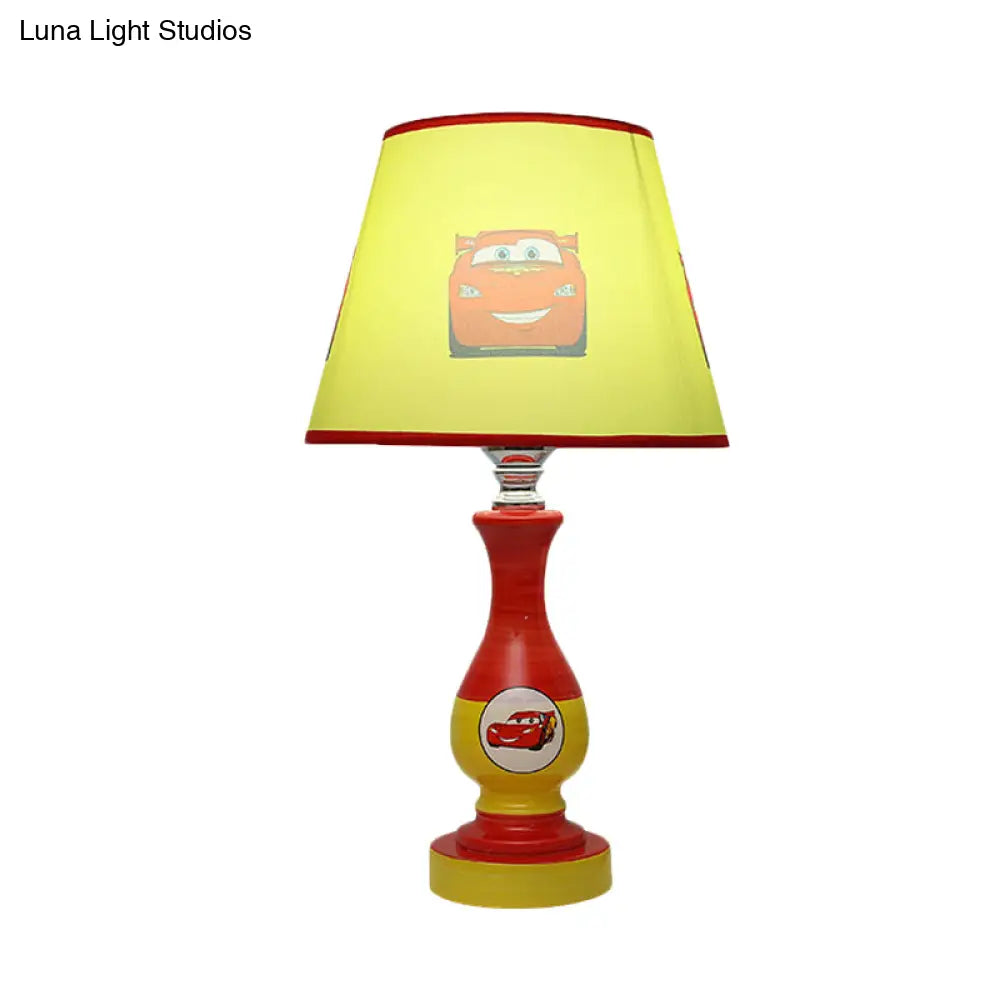 Cartoon Cone Nightstand Lamp Fabric Boys Bedroom Night Light with Star/Car Pattern in Blue/Yellow