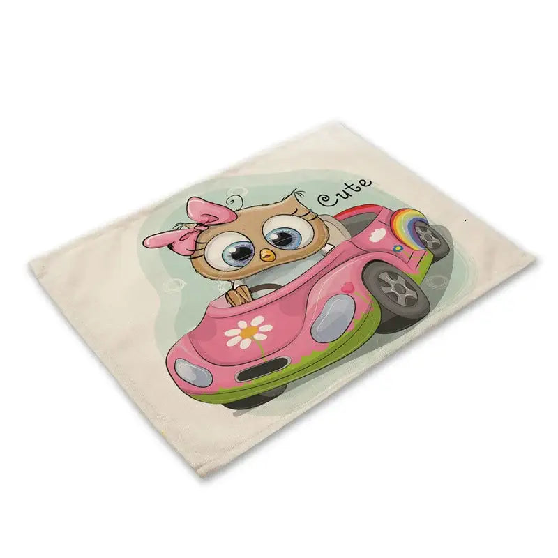 Beige canvas tote bag with a decorbites cute owl animal illustration driving a pink and green car for dining table use