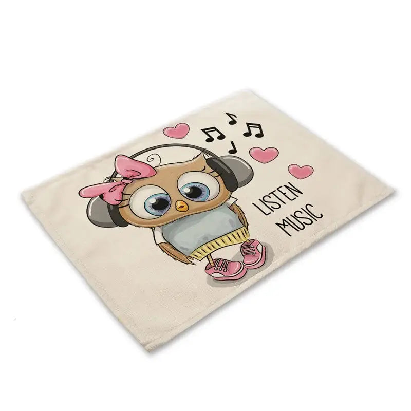 Beige canvas tote bag with decorbites cute owl wearing headphones and sneakers featuring listen music text for dining table use