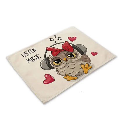 Beige canvas dining table placemat with decorbites cute owl animal wearing headphones and musical notes print