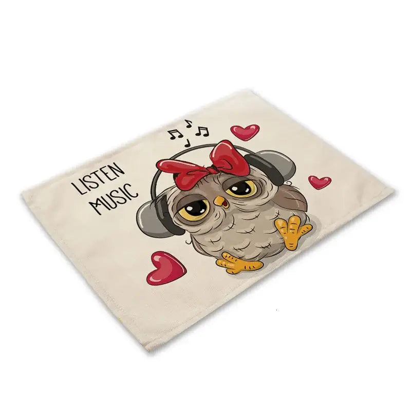 Beige canvas dining table placemat with decorbites cute owl animal wearing headphones and musical notes print