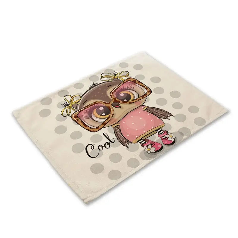 Beige polka-dot dining table placemat with decorbites cute owl wearing leopard-print glasses and pink attire