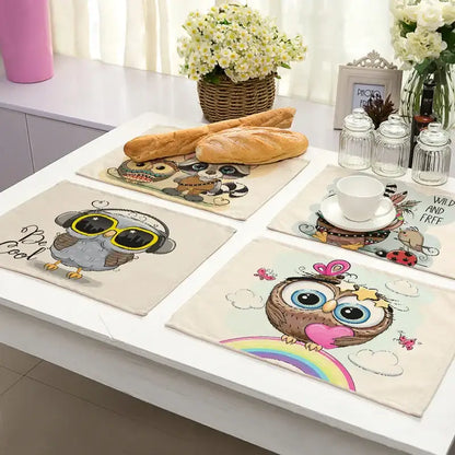 Set of six beige cotton dining table placemats with colorful decorbites cute owl animal designs and rainbows