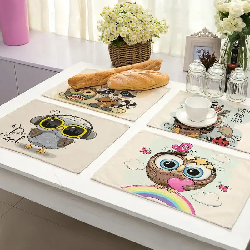 Set of six beige cotton dining table placemats with colorful decorbites cute owl animal designs and rainbows