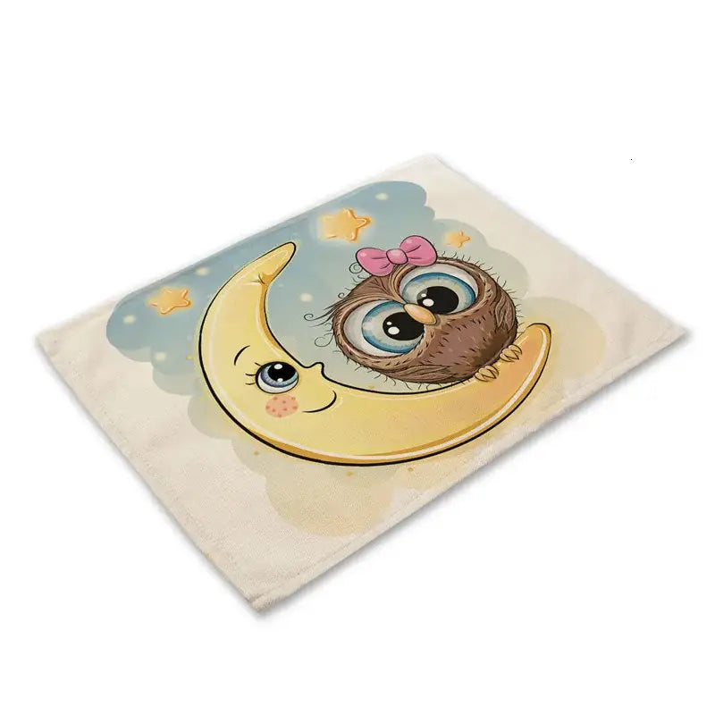 Cream-colored canvas dining table placemat with decorbites cute owl and moon design for kitchen decorbites cute owl set