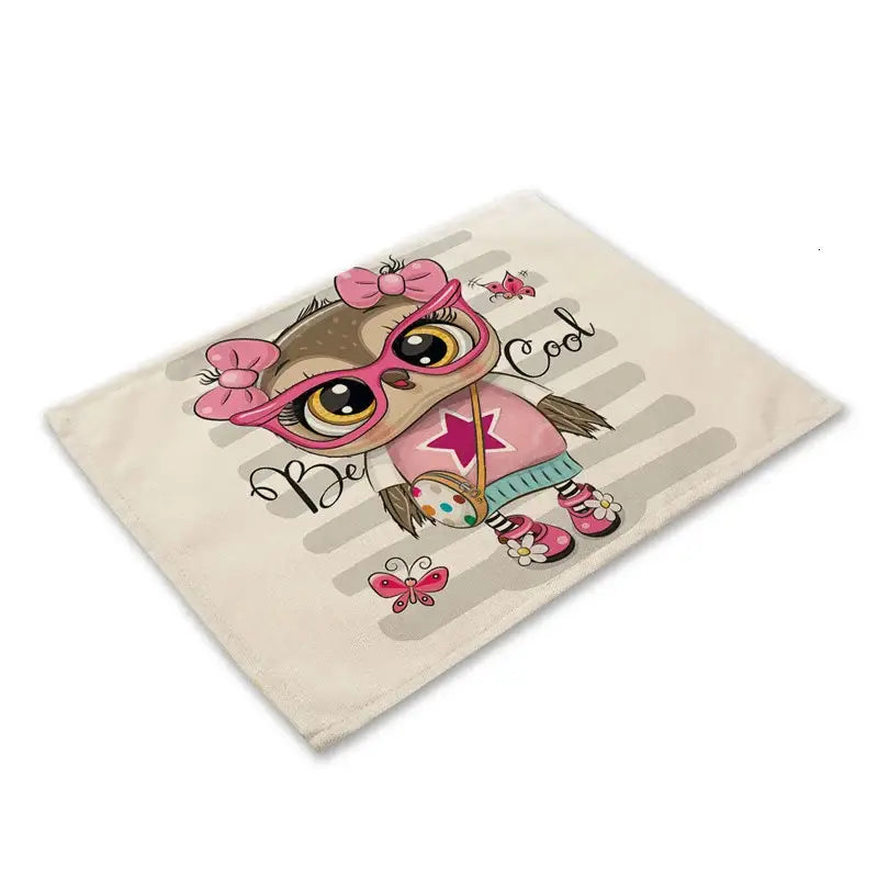 Be cool decorbites cute owl animal cream canvas dining table placemat with pink glasses bows and star details