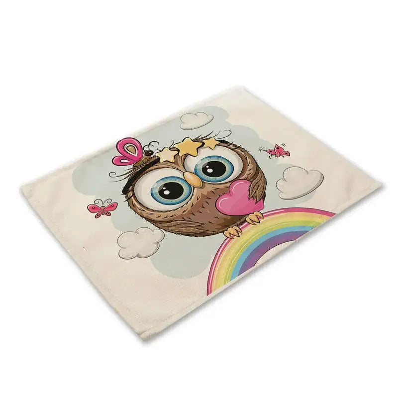 Beige canvas dining table placemat with decorbites cute owl holding a pink heart and rainbow backdrop design