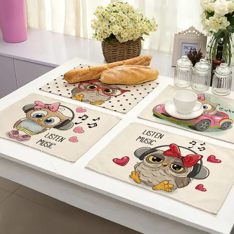 Beige fabric dining table placemats set of 6 featuring decorbites cute owl animal with headphones in a kawaii style