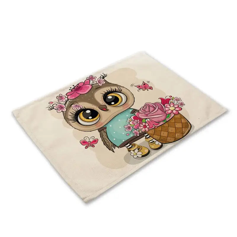 Beige fabric dining table placemats set of 6 featuring decorbites cute owl animal with large yellow eyes and teal dress