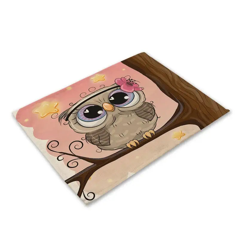 Rectangular dining table placemat set of 6 decorbites cute owl featuring gray owl with glasses on pink beige background