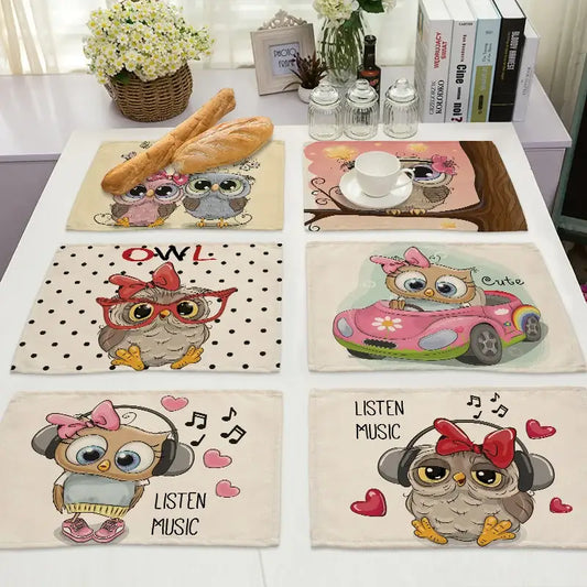 Set of six decorbites cute owl animal dining table placemats featuring colorful cartoon owls in playful designs