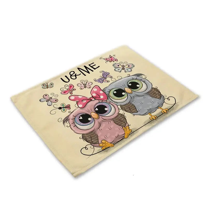 Beige fabric dining table placemat with decorbites cute owl animal design featuring two owls and butterflies