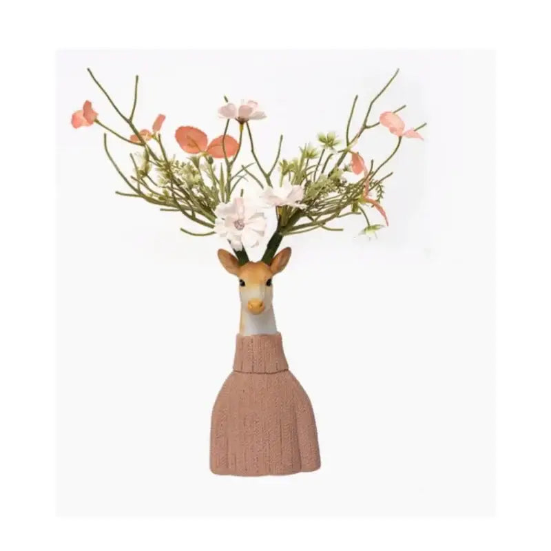 Pink knitted cartoon deer vase with white face brown antlers holding flowers beige orange resin living room decor