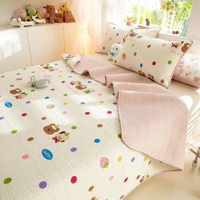 White quilted cotton bed cover set with colorful polka dots cartoon bear motifs and soft pink textured border