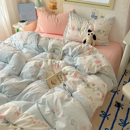 Cartoon dog and cupcake cream cotton fitted sheet set with light blue floral pattern and soft cotton fabric