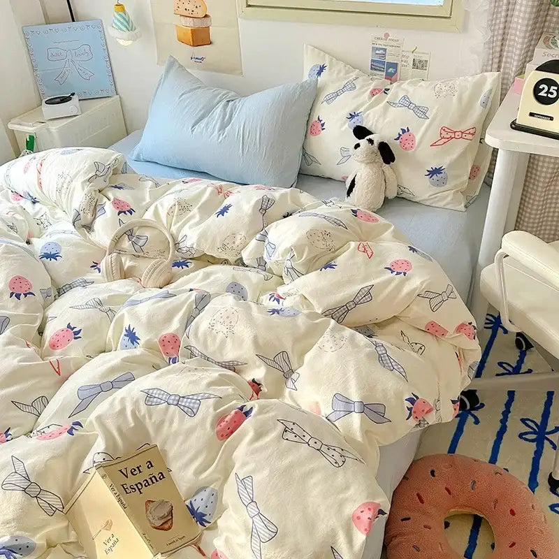 Cream cotton fitted sheet set featuring playful pink strawberries blue bows and whimsical fish designs for bedroom use