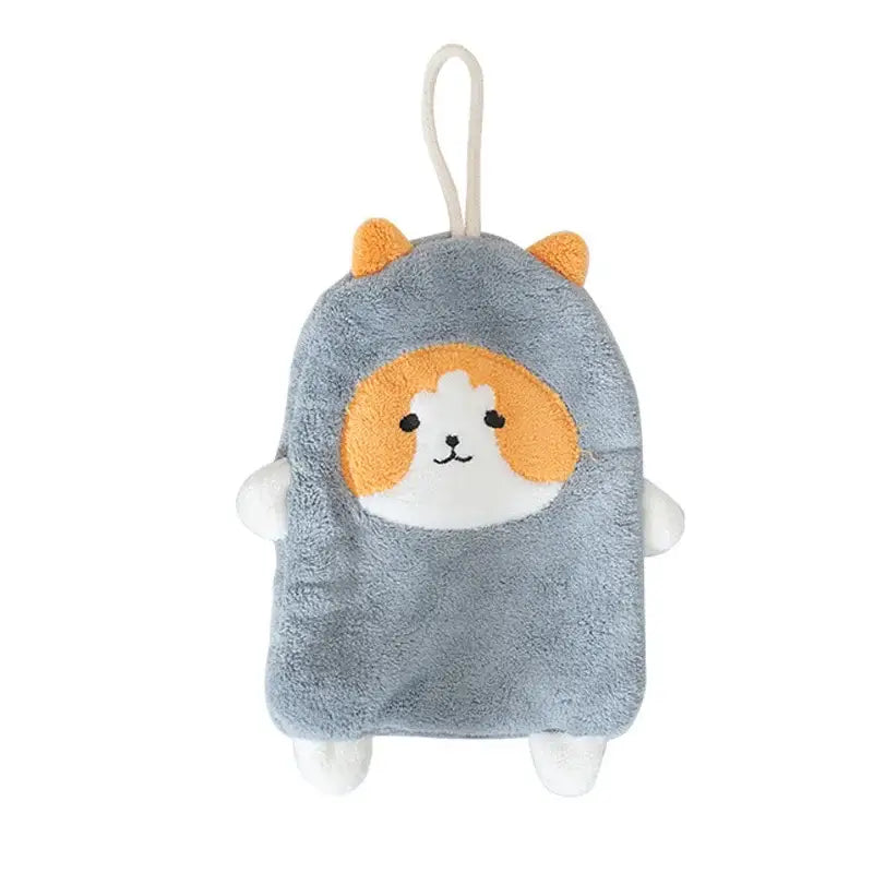 Gray coral velvet hand towels shaped like a decorbites cartoon dog with embroidered face and orange ears