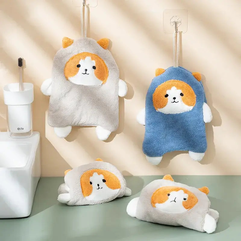 Cute plush cat-shaped hand towels in soft gray and blue coral velvet with orange accents and hanging loops by decorbites cartoon dog