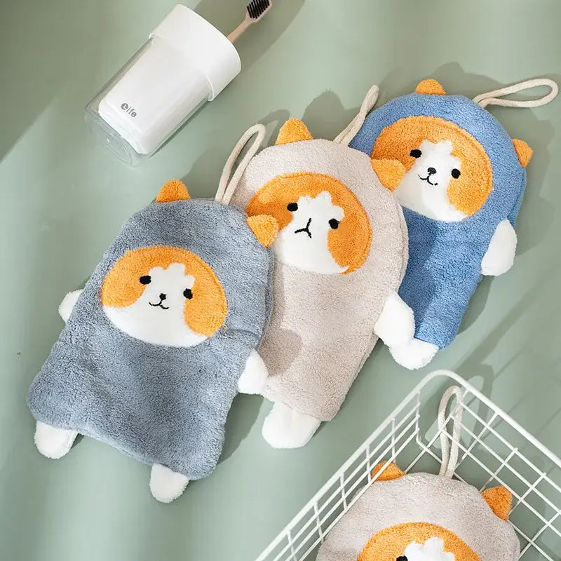 Soft coral velvet hand towels shaped like cartoon dog corgis in gray and white bathroom decorbites cartoon dog glove